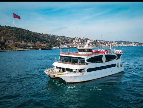 a cruise ship in the water with a red flag at Majesty Bosphorus in Istanbul