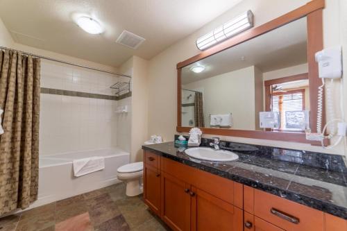 La salle de bains est pourvue d'un lavabo, de toilettes et d'un miroir. dans l'établissement #535- Village, Walk to Gondola, Restaurants, and Shops, à Mammoth Lakes