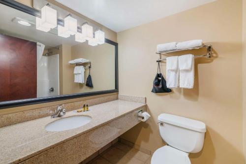 a bathroom with a toilet and a sink and a mirror at Best Western Liverpool-Syracuse Inn & Suites in Liverpool