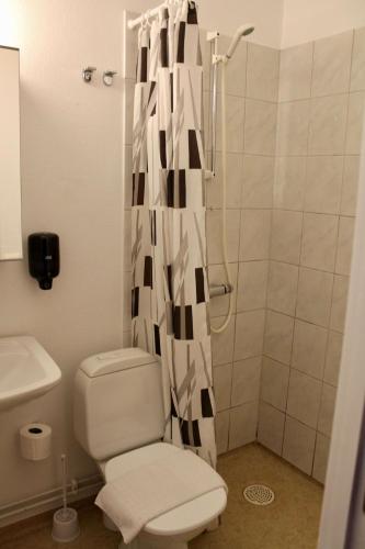 a bathroom with a toilet and a shower curtain at Sure Hotel by Best Western Vilsta Sporthotell in Eskilstuna