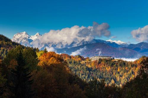 un bâtiment sur une colline avec des arbres et des montagnes dans l'établissement Kempinski Hotel Berchtesgaden, à Berchtesgaden