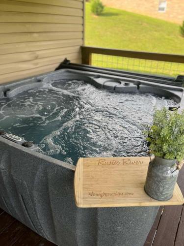 a hot tub sitting on a deck with a plant at River Dance by HoneyBearCabins in Sevierville