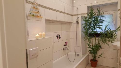 un bagno bianco con doccia e pianta di Holiday Apartment Essen a Essen