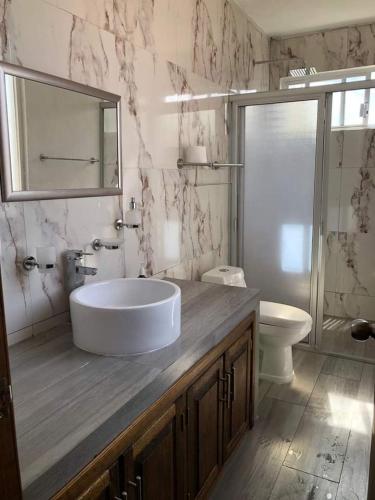 ein Badezimmer mit einem großen Waschbecken und einem WC in der Unterkunft Casa Moreliana in Morelia