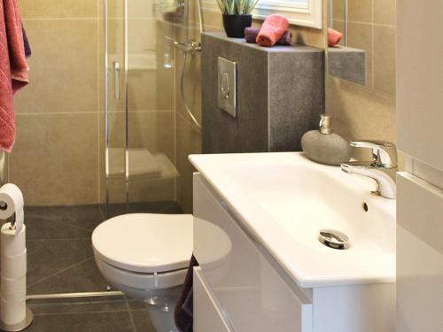 a bathroom with a toilet and a sink and a shower at 6 person holiday home in AVERØY in Stein