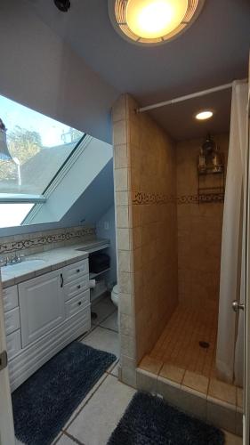 ein Bad mit einer Dusche, einem WC und einem Waschbecken in der Unterkunft San Luis Obispo Hostel in San Luis Obispo
