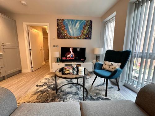 a living room with a couch and a tv at Luxurious Flat at Leicester Town in Leicester