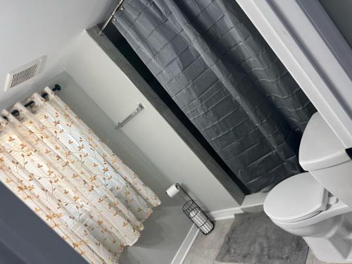 uma casa de banho com um WC e uma cortina de chuveiro em Near Pier Village and beach em Long Branch