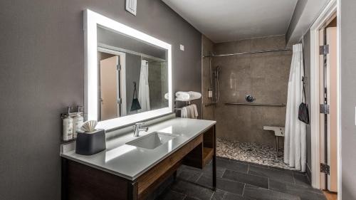 a bathroom with a sink and a large mirror at Holiday Inn Dallas Market Ctr Love Field by IHG in Dallas