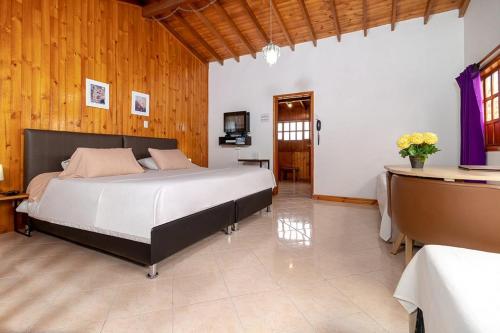 1 dormitorio con 1 cama grande en una habitación con paredes de madera en Hotel Gran Boutique Sabana, en Chía