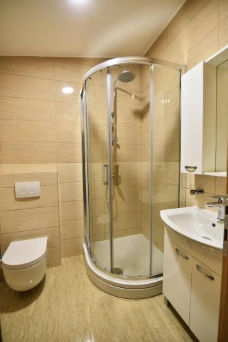 a bathroom with a shower and a toilet and a sink at Villa Sana in Vir