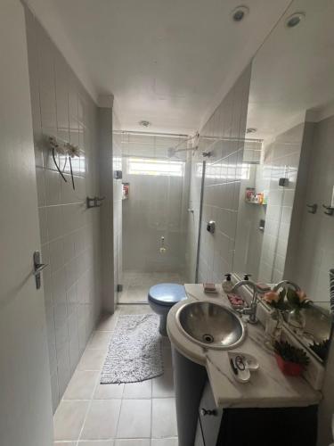 een badkamer met een wastafel, een toilet en een douche bij Apartamento com localização fantástica na praia de Balneário Camboriú in Balneário Camboriú