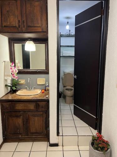 La salle de bains est pourvue d'un lavabo et de toilettes. dans l'établissement Caza en zona residencial, à Uruapan del Progreso