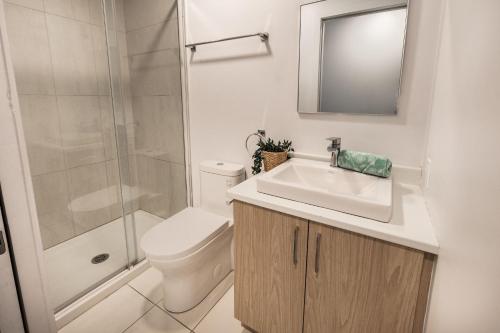 La salle de bains est pourvue de toilettes, d'un lavabo et d'une douche. dans l'établissement Big 2 bedroom apartment on 2 floors - 1907, à Montréal
