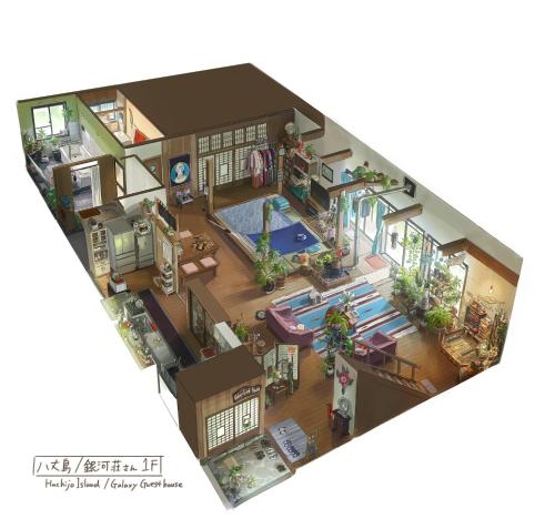 uma ilustração de uma casa com piscina em 銀河荘-Galaxy Guesthouse 12歳以下不可 em Hachijo