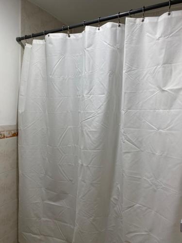 a white shower curtain hanging in a bathroom at Haus Serenity in Hollis