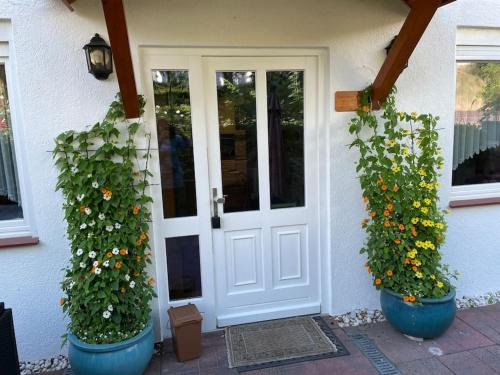 a front door of a house with two potted plants at Ferienwohnung Edith in Güster