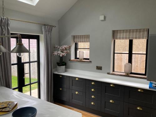 a kitchen with black cabinets and windows with flowers at Millbank Cottage in Mickleton