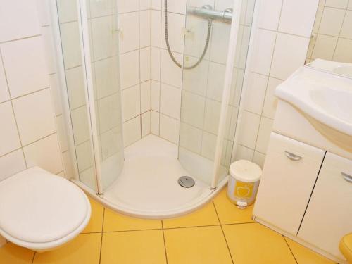 a bathroom with a shower with a toilet and a sink at Evening sun Modern retreat in Cunewalde