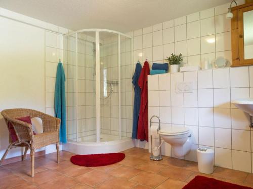 a bathroom with a shower and a toilet and a sink at Gießler Modern retreat in Biberach
