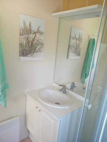 une salle de bain blanche avec un lavabo et un miroir dans l'établissement Mobil home dans camping aquatique Hyères, à Hyères