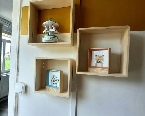 a wall with wooden shelves with pictures of dogs at La Villa Beausejour in Baives
