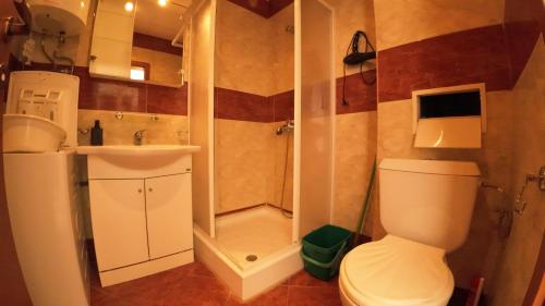 a bathroom with a shower and a toilet and a sink at William's fourth pretty studio-Crown Fort Noks in Sveti Vlas