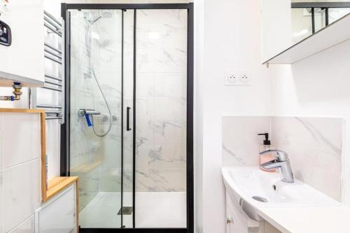une salle de bain avec douche et lavabo dans l'établissement Charm and Convenience in Quatier Latin, à Paris