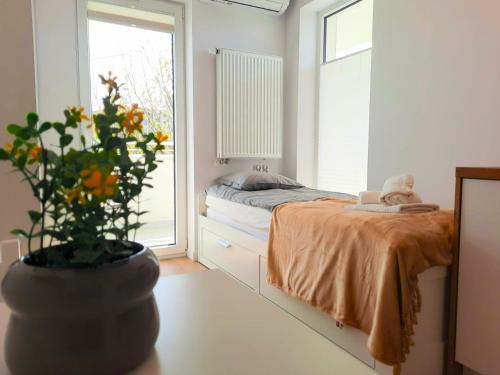 a bedroom with a bed and a large window at Royal Smart Apartments Cracow in Kraków
