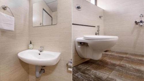 two pictures of a bathroom with a toilet and a sink at Valley Plaza Hotel Coorg in Madikeri