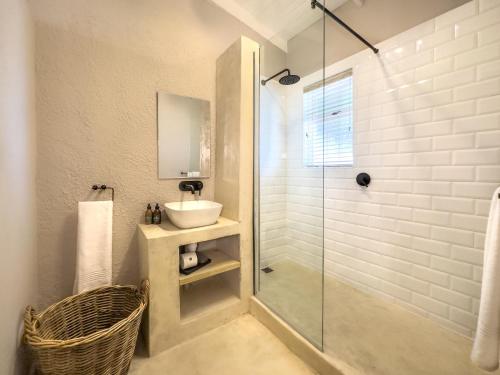 a bathroom with a sink and a glass shower at Brinkley's River Village in Klein Brak Rivier