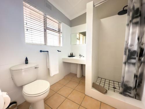 a white bathroom with a toilet and a sink at Brinkley's River Village in Klein Brak Rivier