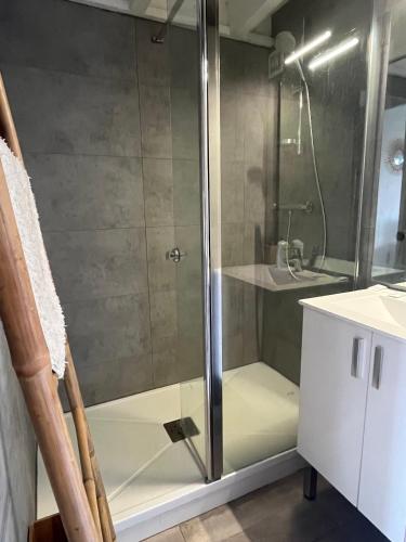 une douche avec une porte vitrée dans une salle de bain dans l'établissement Appartement Hossegor les pieds dans l'eau, à Soorts-Hossegor