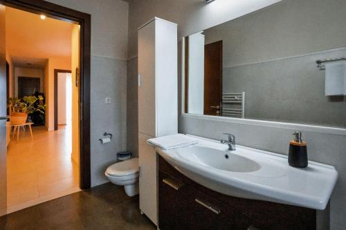 a bathroom with a sink and a toilet and a mirror at Luxury Villa Hestia Grey with Private Pool in Rethymno Town