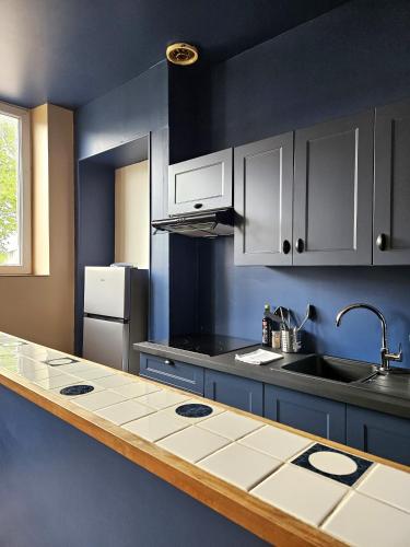 - une cuisine avec des murs bleus, des placards blancs et un évier dans l'établissement L'appartement Bilobou, 10 mn du ZooParc de Beauval, à Noyers-sur-Cher