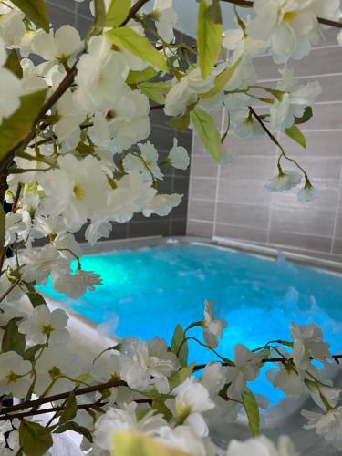 a tree with white flowers in front of a blue pool at Hôtel Calme Des Pins & Spa in Les Sables-dʼOlonne