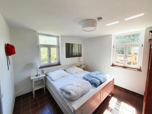 um quarto com uma cama com duas almofadas em Ferienwohnung Kuckucksnest em Bad Wildbad