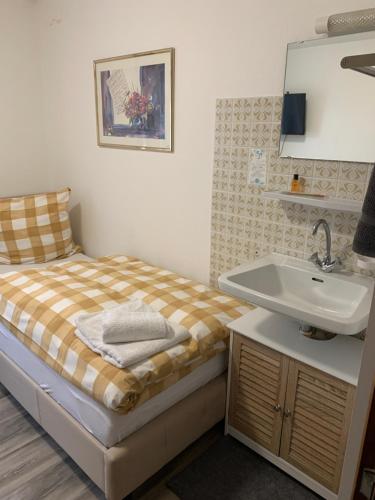a small bedroom with a bed and a sink at Pension zur Sonnenalb in Sonnenbühl