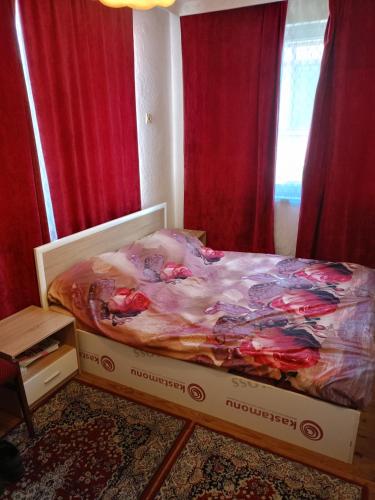 a box bed in a room with red curtains at Ранчева къща in Panagyurishte