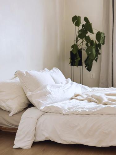 1 cama no hecha con sábanas blancas y una planta en Valoisa huoneisto, loistavalla sijainnilla!, en Helsinki