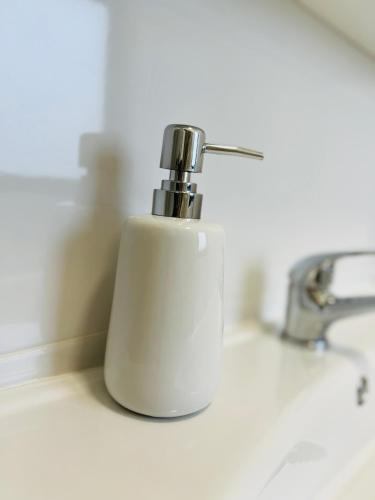 un dispensador de jabón blanco sentado en el lavabo del baño en Apartament zona de case-rezidențiala 2 km de Vivo Mall,curte privata en Baia Mare