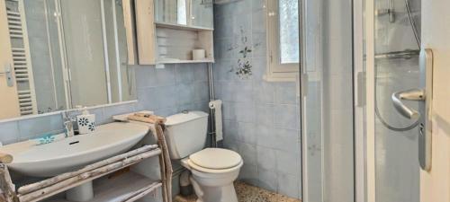 une salle de bain avec toilettes, lavabo et douche dans l'établissement Mol, à Sérignan
