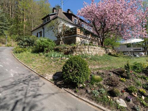 a house with a flowering tree in front of a road at Charming Apartment in Wei enbrunn near Forest in Weißenbrunn