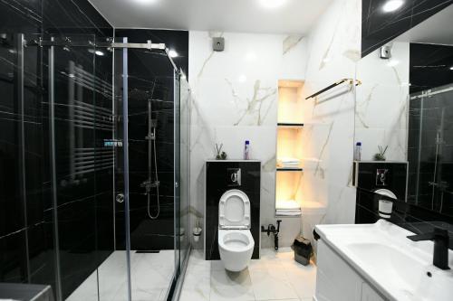 een badkamer met een douche, een toilet en een wastafel bij Gori Palace in Gori