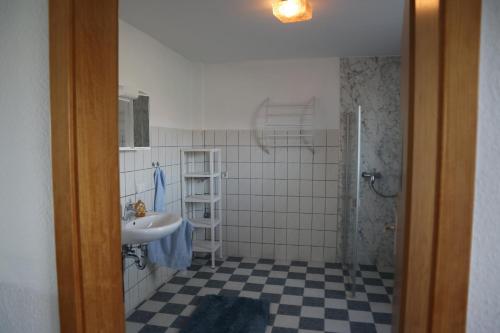 a bathroom with a sink and a shower at Netter Ferienhaus in Bockenem