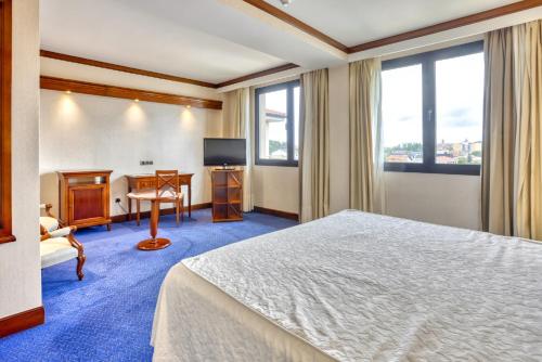 a hotel room with a bed and a desk at Hotel Villa De Almazan in Almazán