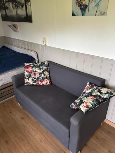 un sofá en una habitación con 2 almohadas en Pieterwagen, en Sleen
