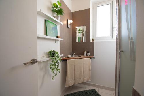 een badkamer met een wastafel en een spiegel bij La Roche dorée I Grand appartement centre ville in Brest