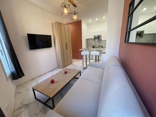 un salon avec un canapé et une table dans l'établissement Appartement centre ville, à Nice