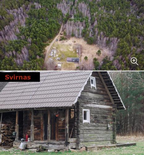 dos fotos de una vieja cabaña con una montaña en Pailseti Dzukijos gamtoje, en Paliepis